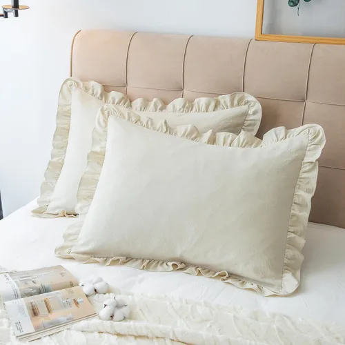 GLORY SEASON - Juego de 2 fundas de almohada lavadas 100% algodón con volantes retro y ribetes sólidos en color beige para decoración de dormitorio,