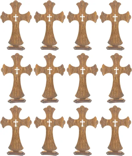 Miniatura 7 de Cruzes de pie de madera marrón de 9 pulgadas, paquete de 12, cruz de mesa rústica de madera para centros de mesa de bautismo, decoración de iglesia