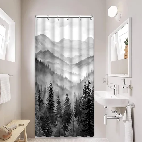 Miniatura 8 de Cortina de ducha Stall pequeña de bosque brumoso en blanco y negro, gris degradado, árbol de pino de montaña, tela impermeable, cortinas de ducha
