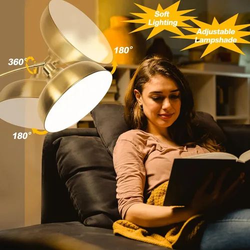 Miniatura 2 de Lámparas de pie doradas para sala de estar - Lámparas de pie de arco con bombilla de 9W, pantalla de metal ajustable 360°, lámpara de pie regulable