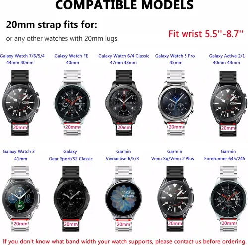 Miniatura 3 de Compatible with Samsung Galaxy Watch 7 6 5 4 FE Active 2 44mm 40mm/6 4 Classic 47mm 46mm 43mm 42mm/5 Pro 45mm Bands, 20mm Metal Replacement Strap