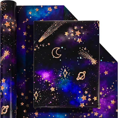 Miniatura 8 de Dtiafu Papel de regalo para baby shower para bebé niño – 12 hojas de papel de regalo azul bebé con patrón de oso estrella, pastel, luna y dulces