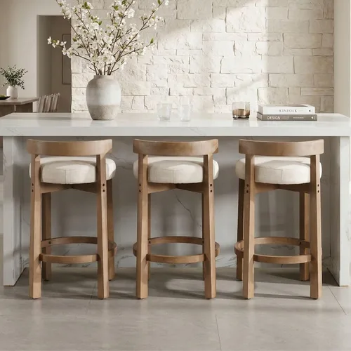Miniatura 23 de LukeAlon Mid Century Linen Taburete Individual de Mostrador, Tapizado de 26.5" de Altura de Asiento, Taburetes Bajos con Patas de Madera Natural