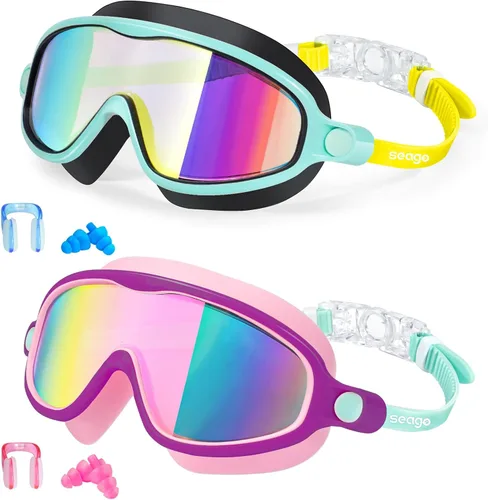 Seago Paquete de 2 gafas de natación antivaho anti-UV de visión amplia para niños de 3 a 14 años