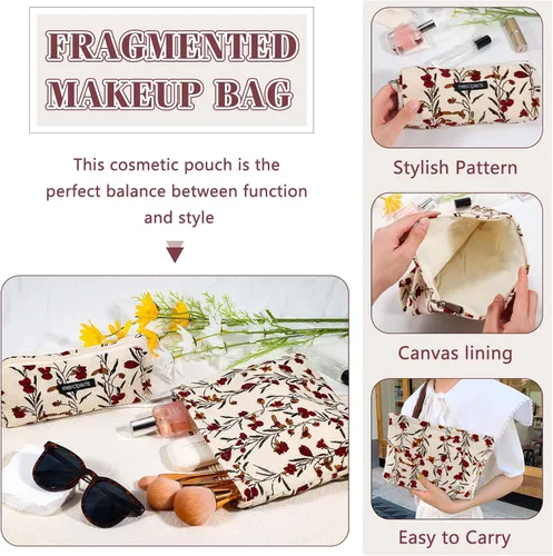 Miniatura 6 de Juego de 2 bolsas de maquillaje de flores con diseño floral para viajes para mujeres y niñas, bolsa de maquillaje grande con cremallera pequeña