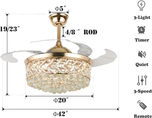 Miniatura 5 de Fandian Ventilador de techo moderno de cristal de 42 pulgadas con control remoto de luces, cuchillas retráctiles, iluminación de 3 cambios