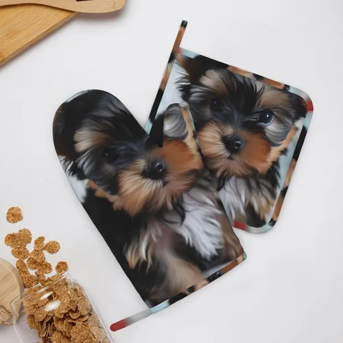 Miniatura 8 de Yorkie - Juego de guantes de horno y soportes para ollas con estampado para cachorros, resistentes al calor, antideslizantes, forro suave, guantes