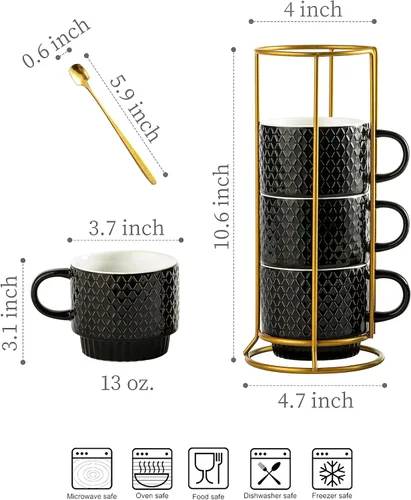 Miniatura 2 de LYEOBOH Juego de 4 tazas de café apilables con estante y cucharas, juego de tazas de café de 13 oz, juego de tazas demitasse de cerámica con relieve