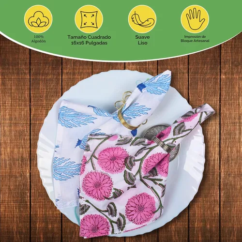 Miniatura 6 de DIYANAIMPEX 10 Servilletas de Tela de Algodón con Estampado en Bloque a Mano Hechas a Mano Tamaño 16x16 Pulgadas Estampadas Decoración del Hogar