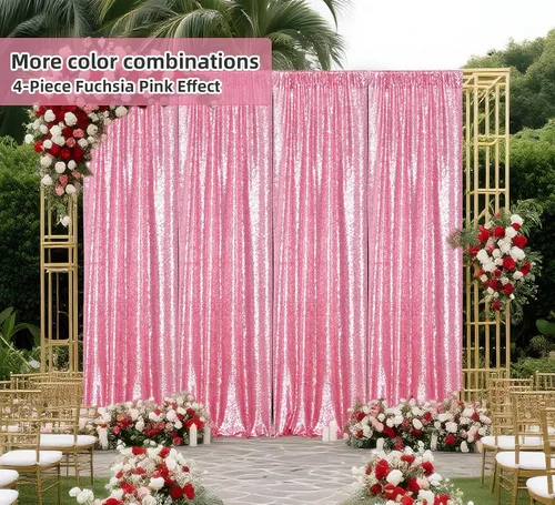 Miniatura 6 de Juya Delight Cortinas de fondo de lentejuelas rosa fucsia, 2 paneles de 2 x 8 pies, fondo brillante de alta densidad, cortinas de fotografía