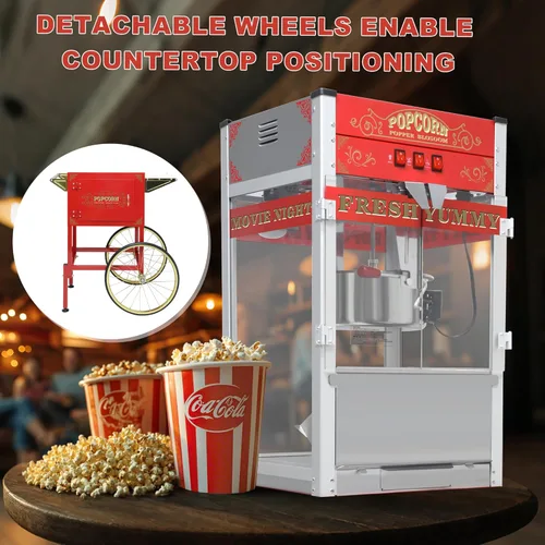 Miniatura 4 de Máquina comercial de palomitas de maíz con carrito y ruedas, máquina para hacer palomitas de maíz con hervidor de acero inoxidable de 22 onzas, Rojo