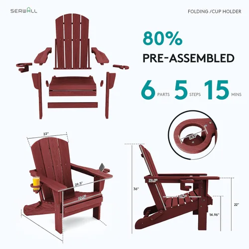 Miniatura 7 de SERWALL Silla Adirondack con portavasos – Juego de 2 sillas Adirondack compuestas para exteriores de polietileno de alta densidad para todo