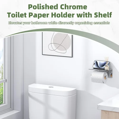 Miniatura 5 de APLusee Soporte de papel higiénico con estante para teléfono, cromo pulido, accesorios de baño de acero inoxidable SUS 304, dispensador de rollos