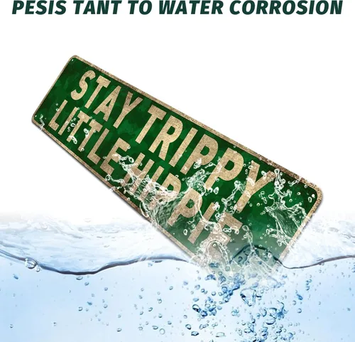 Miniatura 4 de Cartel de hojalata divertido – Letrero de estaño con texto en inglés «Stay Trippy Little Hippie», letreros de metal retro para decoración de pared