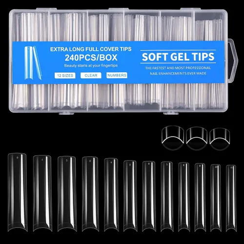 Miniatura 11 de Puntas de uñas largas cuadradas, 240 puntas de uñas de gel suave de cobertura completa, pregrabadas, 3XL, cuadradas transparentes, acrílicas