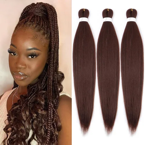Miniatura 28 de Cabello trenzado marrón preestirado de 30 pulgadas, 3 paquetes de cabello trenzado preestirado de color 30 EZ, textura Yaki, extensiones de cabello