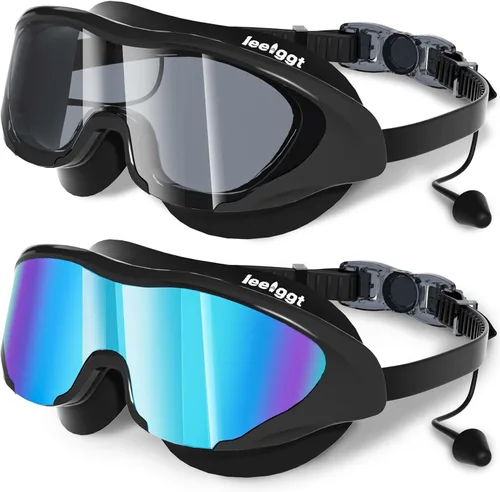 Miniatura 11 de Gafas de natación anti niebla UV para niños de 6 a 14 años, paquete de 2 gafas de natación para niños con tapones para los oídos adjuntos Dorado-azul