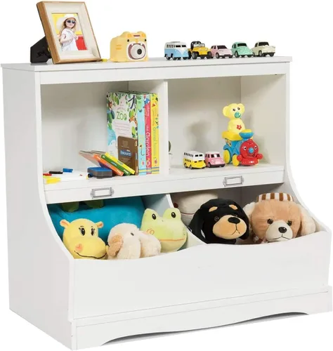 Miniatura 10 de Costzon Organizador de almacenamiento de juguetes, estantería para niños de 4 compartimentos con estribo y tarjeta de nombre, estantería de madera