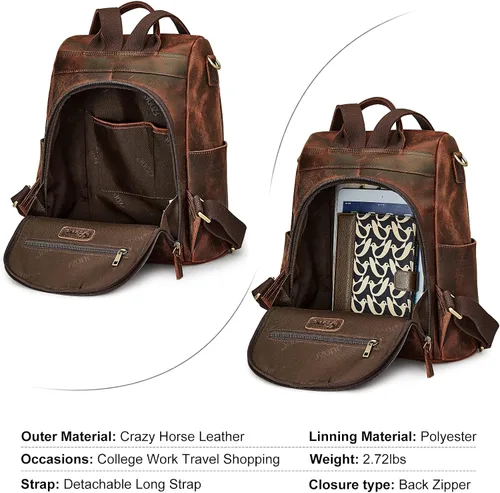Miniatura 4 de S-ZONE Mochila vintage de cuero genuino para mujer con bolso de mano, Classic