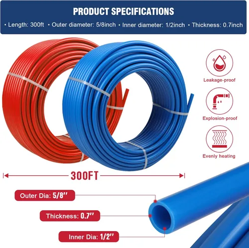 Miniatura 2 de PEX Pipe - Tubo PEX de 1/2 pulgada, 300 pies, 2 rollos de tubos PEX EVOH pex-B, barrera sin oxígeno, duradero, a prueba de fugas, flexible