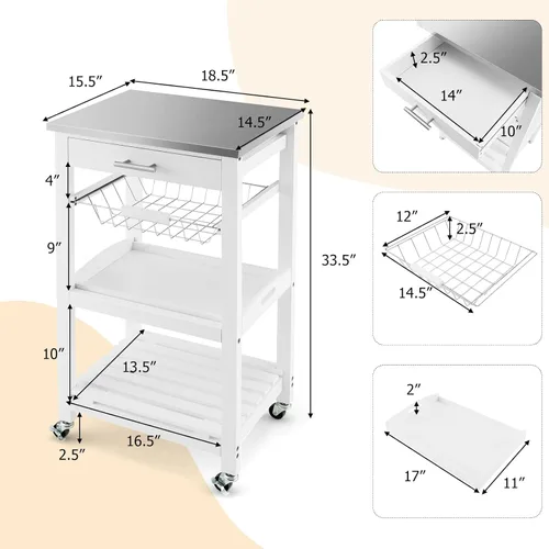 Miniatura 5 de GLACER Isla de cocina sobre ruedas, carrito de isla de cocina rodante con parte superior de acero inoxidable, carrito de almacenamiento con ruedas