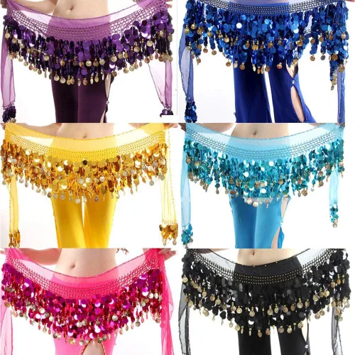 Miniatura 7 de Pañuelo para danza del vientre, falda para danza del vientre, monedas de lentejuelas brillantes, disfraces de bailarina del vientre para mujer