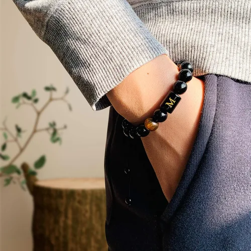 Miniatura 65 de SUMMER LOVE Regalos para el Día del Padre, pulsera con inicial de piedra de ónix negro de 0.394 pulgadas para hombres, pulsera de cuerda trenzada