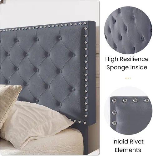 Miniatura 4 de SHA CERLIN Marco de cama de terciopelo tamaño King con cabecera ajustable, acolchado con botones de diamante y decoración de remaches, no necesita