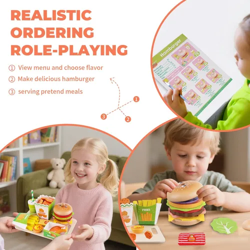 Miniatura 6 de Montessori Toys - Juego de comida de juguete para niños de 3, 4 y 5 años, cocina de madera de juego de comida rápida con hamburguesas, papas fritas