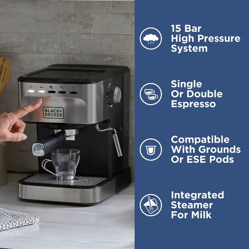 Miniatura 2 de Black+Decker Máquina semiautomática de café expreso y capuchino de 15 bares, máquina versátil con capacidad para usar molidos o cápsulas ESE
