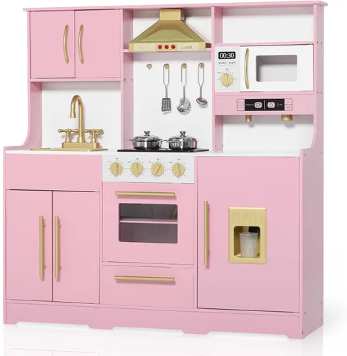 TODEFULL Juego de cocina de madera para niños con sistema de almacenamiento de juguetes, juego de cocina de simulación con campana extractora, Rosa
