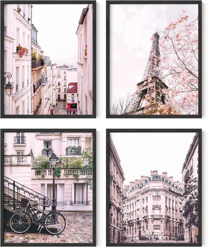 Miniatura 13 de HAUS AND HUES París - Juego de 4 pósteres de pared (rosa, 11 x 14), marco beige, decoración de dormitorio para niñas