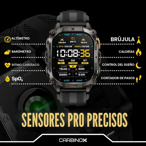 Miniatura 7 de CARBINOX Edge Smart Watch resistente, 1.96 ″ AMOLED, acero inoxidable, IP69K/5ATM rastreadores de fitness, doble banda GNSS, 500mAh, llamadas Negro