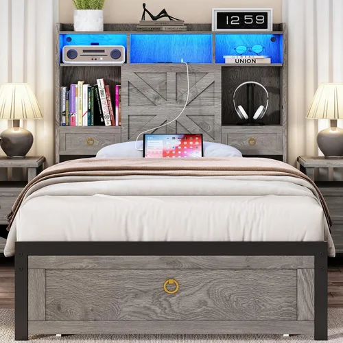 Miniatura 10 de TIGUBFRE Base de cama individual con cabecera de almacenamiento, marco de cama de madera de granja tamaño individual con 3 cajones, luz LED