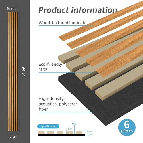 Miniatura 5 de Art3d Paquete de 6 paneles de pared de listones de madera acústica para decoración de interiores, paneles de madera estriada 3D que absorben el Teca
