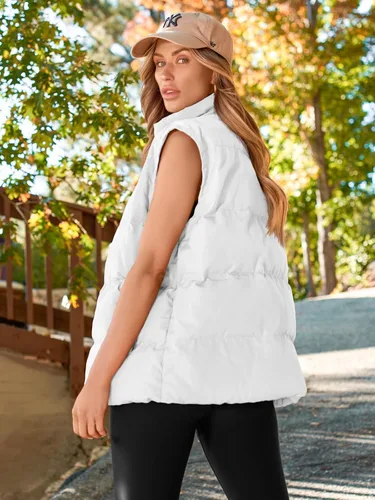 Miniatura 4 de AUTOMET Chaleco acolchado para mujer, sin mangas, con cremallera, cálido, acolchado, ligero, cuello alto, con bolsillo