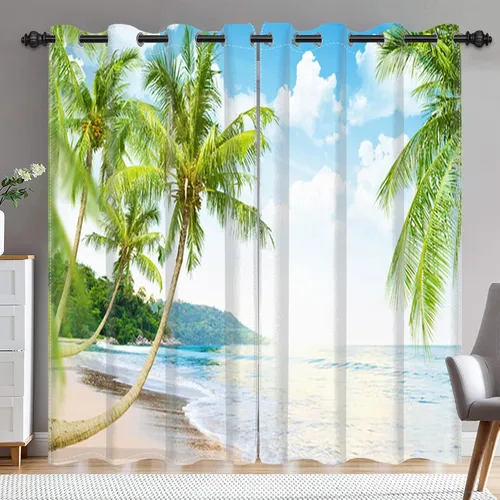 Miniatura 22 de Renaiss Cortinas opacas con diseño de mar tropical, nublado, cielo azul y verde azulado, estrella de mar transparente en playa arenosa, sala