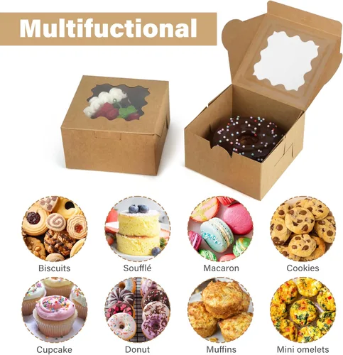 Miniatura 6 de LotFancy 60 cajas de panadería marrones con ventana, 4 x 4 x 2.5 pulgadas, cajas pequeñas para galletas, mini cajas de golosinas para mini pasteles