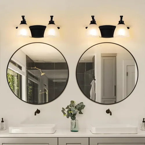 Miniatura 5 de Lámparas de baño (2 luces, 38 cm), luces de tocador mate negras para baño con pantalla de vidrio esmerilado blanco, luces de pared modernas