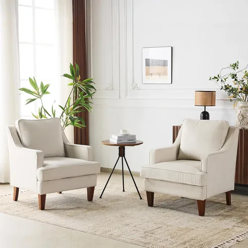 VINGLI Juego de 2 sillas decorativas modernas de mediados de siglo, sillón tapizado beige, cómodos sillones de lectura, respaldo alto para sala de
