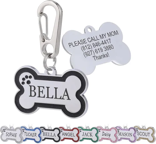 Etiquetas de identificación de mascotas personalizadas de acero inoxidable con diseño de hueso brillante - Etiquetas de perro profundamente grabadas