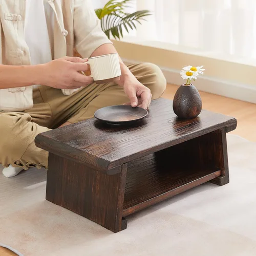Miniatura 5 de Mesa de altar japonesa, mesa de piso plegable, pequeña mesa de meditación baja de madera, mesa de centro para sala de estar, marrón, 19.7 x 11.8 x