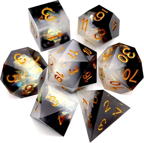 Miniatura 19 de Haxtec Juego de dados brillantes de borde afilado, dados DND de resina hechos a mano con inclusión de Mylar iridiscente, mezcla de color morado Azul