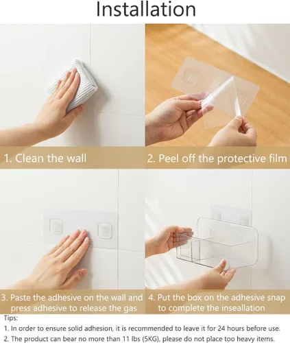 Miniatura 5 de Poeland Organizador de almacenamiento de montaje en pared, cesta de almacenamiento transparente con 3 compartimentos, sin taladrar, colgar