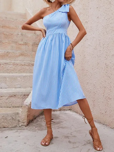 Miniatura 4 de ZJUAN Vestido con detalle de nudo de un hombro con rayas verticales para mujer