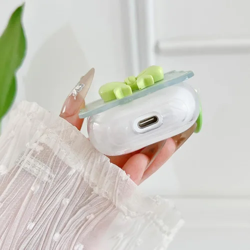 Miniatura 4 de Linda funda transparente para AirPods de 3ª generación, color verde, diseño de lazo femenino, TPU suave, a prueba de golpes, Kawaii Airpods
