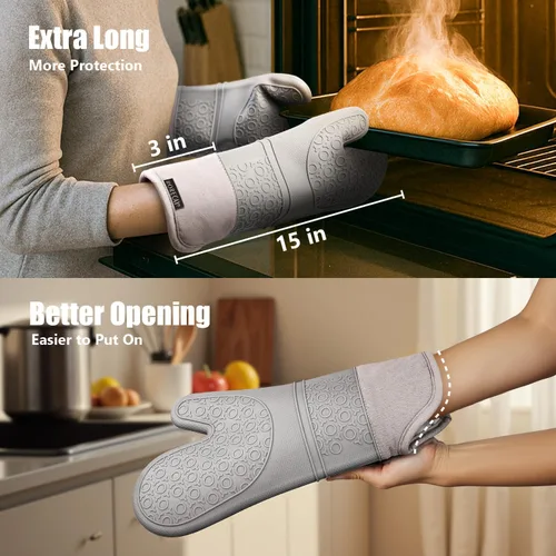 Miniatura 3 de Rorecay Juego de 6 guantes de horno y soportes para ollas para cocina, guantes de horno extralargos de silicona, resistentes al calor, 500 grados
