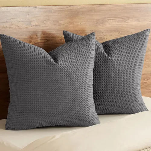 Miniatura 19 de PHF Funda de almohada 100% algodón con tejido de gofre, 18 x 18 pulgadas, sin relleno, paquete de 2 elegantes fundas de almohada cuadradas Gris claro