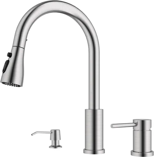 Miniatura 9 de APPASO - Grifo de cocina de 2 agujeros, grifo de cocina negro mate con rociador extraíble de 3 modos, grifo de cocina de arco alto con manija