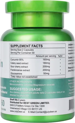 Miniatura 2 de JulyDeer Complejo de cúrcuma de curcumina, 2 botellas con semillas de apio, cereza agria, extracto de incienso, glucosamina, 95% curcuminoides